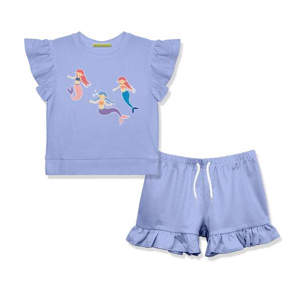 Periwinkle Mermaid Angel-Sleeve Top & Shorts