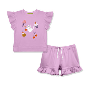 girls lilac outfit with ruffled top and shorts on a white background, front