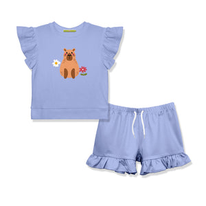 Kids Periwinkle Capybara Ruffle-Sleeve Top & Ruffle Shorts