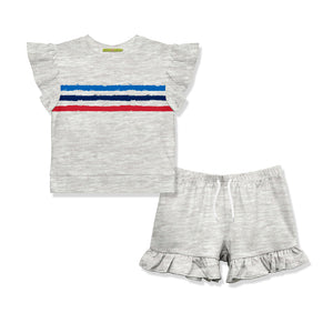 Kids Gray Heather Stripe Ruffle-Sleeve Top & Ruffle Shorts