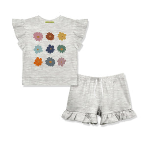 Children's outfit with a heather gray top and shorts featuring colorful flower designs on a white background.