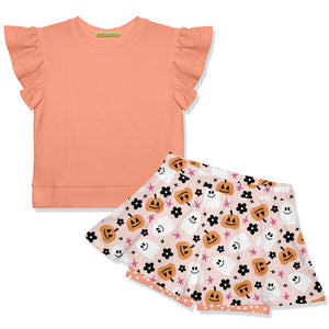 Coral Fr Terry Top & Pumpkin Ghost Skort