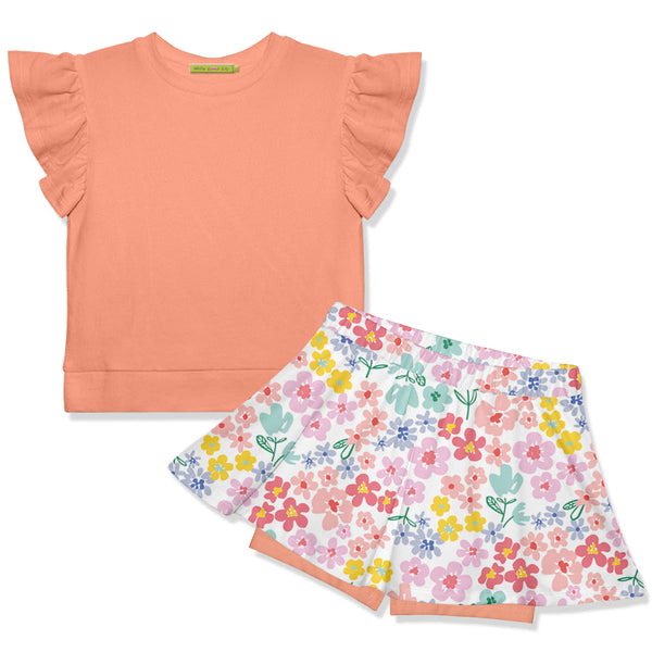 Kids Coral Fr Terry Top & Midtone Floral Skort