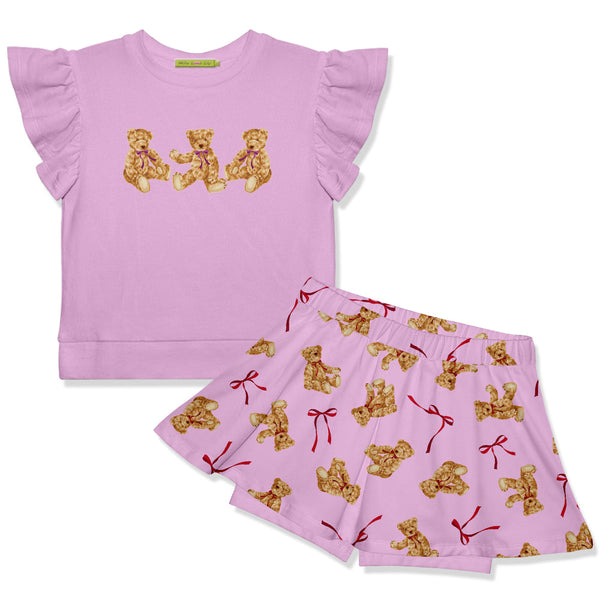 Kids Lilac Angel-Sleeve FR Terry  Top & Teddy Bear&Bows  Skort