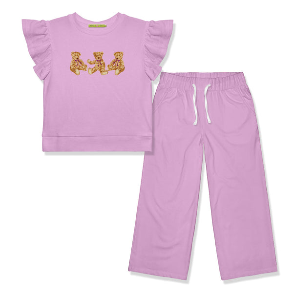 Kids Lilac Teddy Bears  Angel-Sleeve FR Terry Top & Wide-Leg Pants