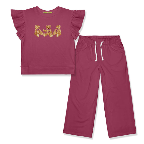Kids Slate Rose Teddy Bears  Angel-Sleeve FR Terry Top & Wide-Leg Pants