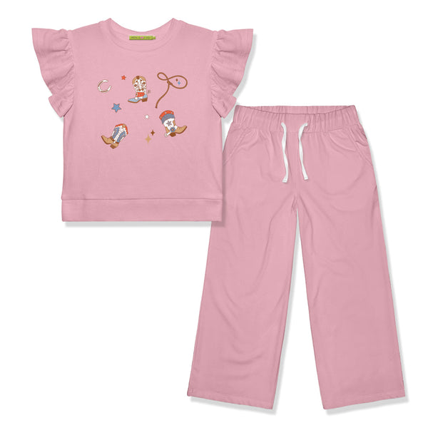 Kids Pink Howdy  Angel-Sleeve FR Terry Top & Wide-Leg Pants