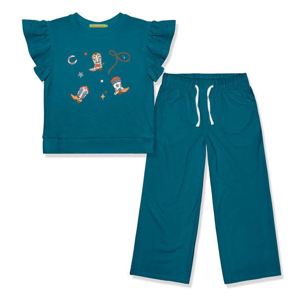 Kids Teal Howdy  Angel-Sleeve FR Terry Top & Wide-Leg Pants