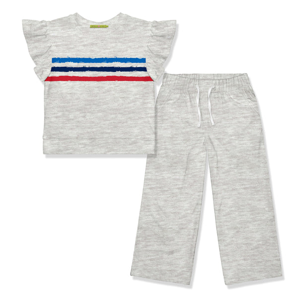 Kids Gray Heather Americana Stripe  Angel-Sleeve FR Terry Top & Wide-Leg Pants