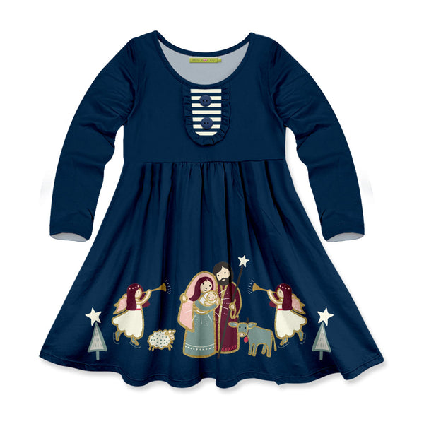 Navy Nativity Border Button-Accent A-Line Dress