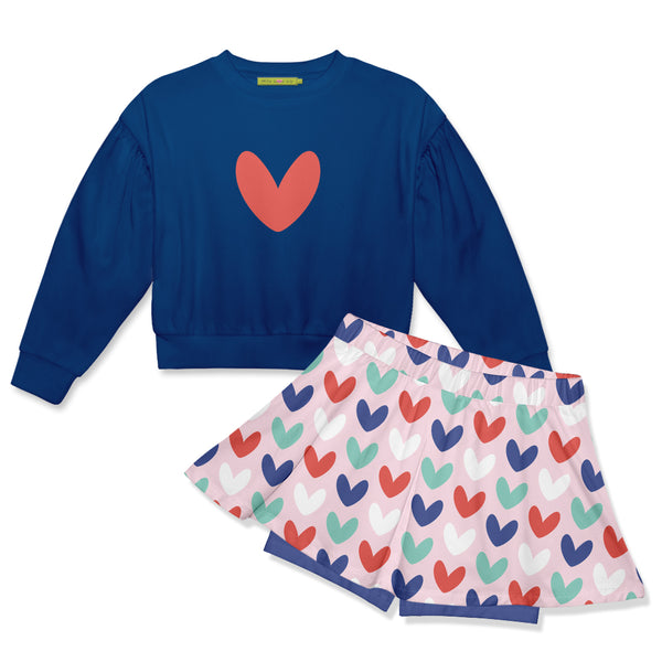 Cobalt Crewneck Sweatshirt & Pink Hearts Skort