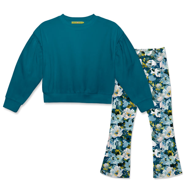 Teal Crewneck Sweatshirt & Floral Flare Leggings