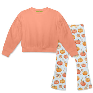 Coral Crewneck Sweatshirt & Pumpkins Flare Leggings