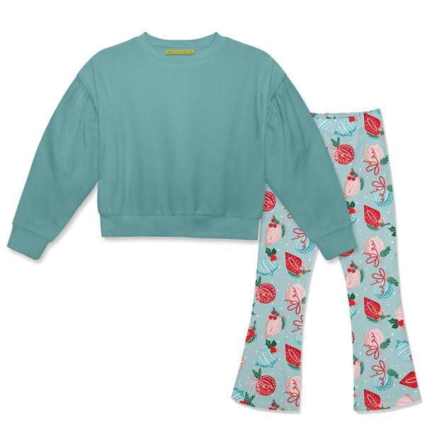 Nile Blue Crewneck Sweatshirt & Holiday Ornaments Flare Leggings