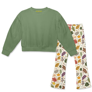 Kids Loden Frost Crewneck Sweatshirt & Harvest Leaves Flare Leggings