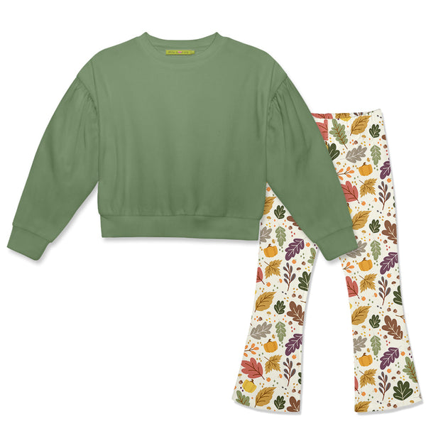 Kids Loden Frost Crewneck Sweatshirt & Harvest Leaves Flare Leggings