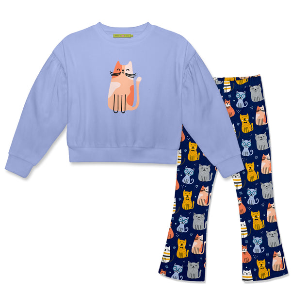 Periwinkle Crewneck Sweatshirt & Kitty Cats Flare Leggings