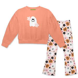 Coral Crewneck Sweatshirt & Pumpkin Ghost Flare Leggings