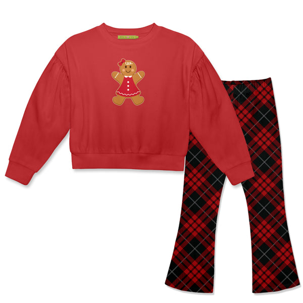 Red Crewneck Sweatshirt & Lumberjack Plaid Flare Leggings