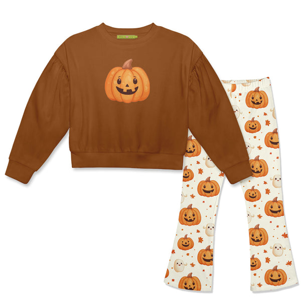 Kids Caramel Cafe Crewneck Sweatshirt & Happy Pumpkin Flare Leggings
