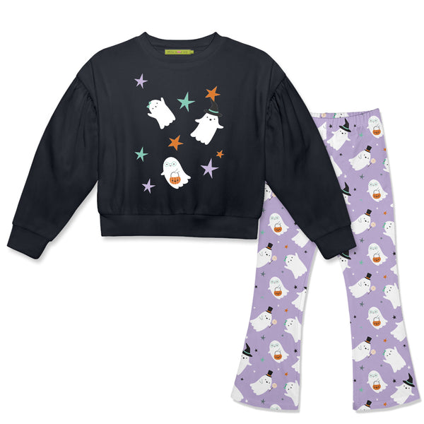 Kids Halloween Print Crewneck Sweatshirt & Floating Ghost Flare Leggings