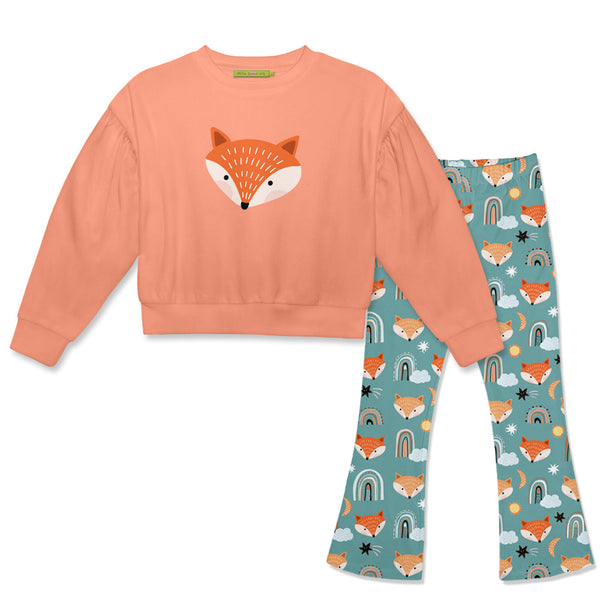 Kids Coral Crewneck Sweatshirt & Rainbow Fox Flare Leggings