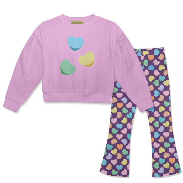 Kids Lilac Crewneck Sweatshirt & Candy Hearts Flare Leggings