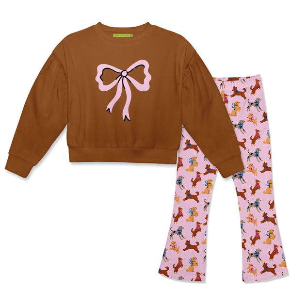 Kids Caramel Cafe Crewneck Sweatshirt & Puppies'n Bows Flare Leggings