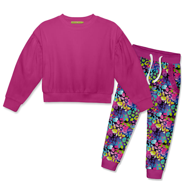 Rose Violet Crewneck Sweatshirt & Velour Neon Leopard Joggers