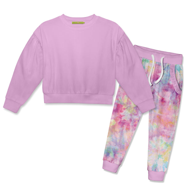 Lilac Crewneck Sweatshirt & Velour Candy Tie-Dye Joggers