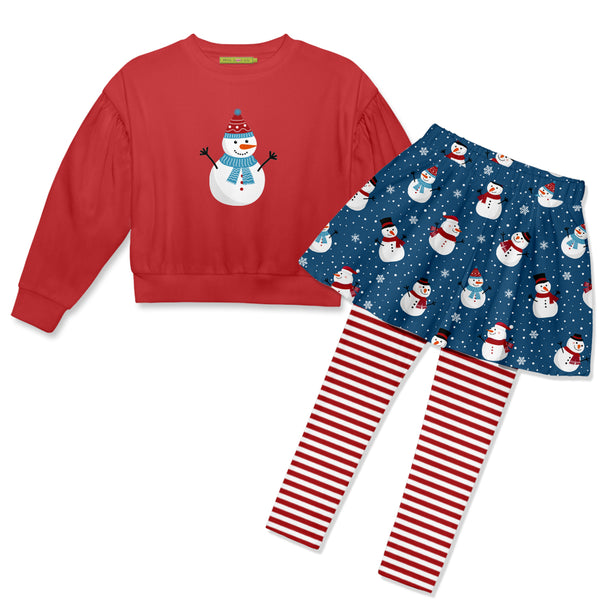 Red Crewneck Sweatshirt & Happy Snowman Skirted Leggings