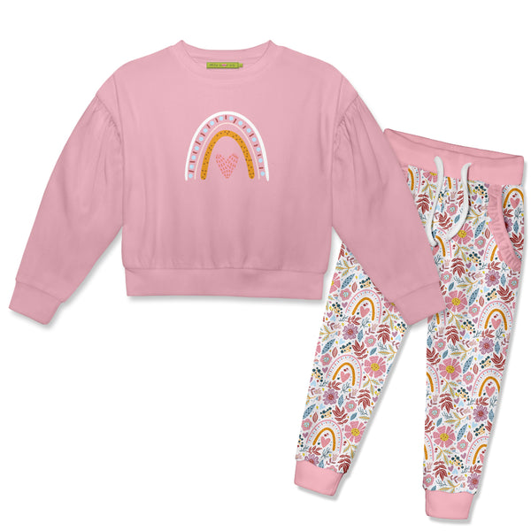 Dusty Pink Crewneck Sweatshirt & Rainbows & Flowers Joggers