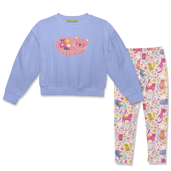 Periwinkle Crewneck Sweatshirt & Pink Kitty Love Leggings