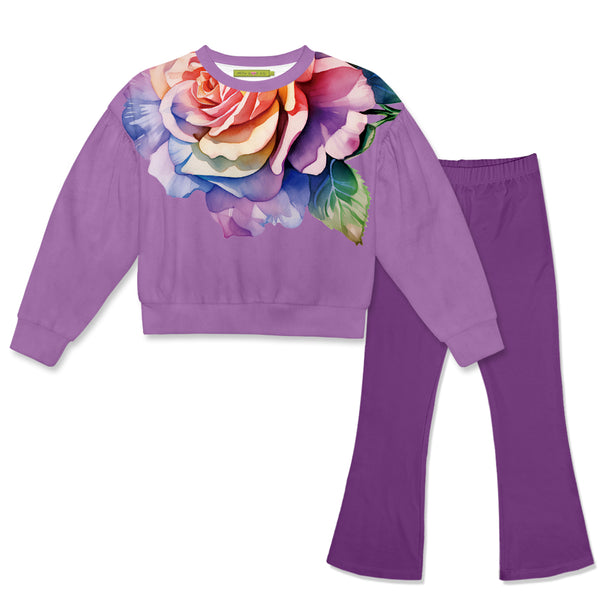 Purple Rose Crewneck Sweatshirt & Flare Leggings