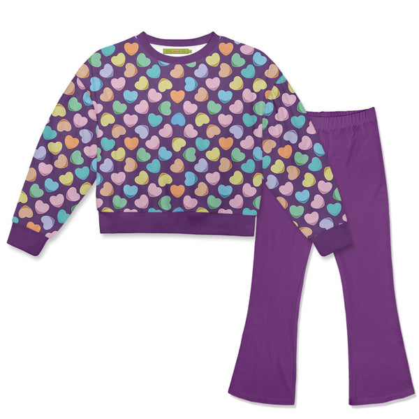 Kids Candy Hearts Crewneck Velour Sweatshirt & Purple Flare Leggings