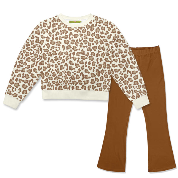 Kids Skin Print Crewneck Sweatshirt & Caramel Café Flare Leggings