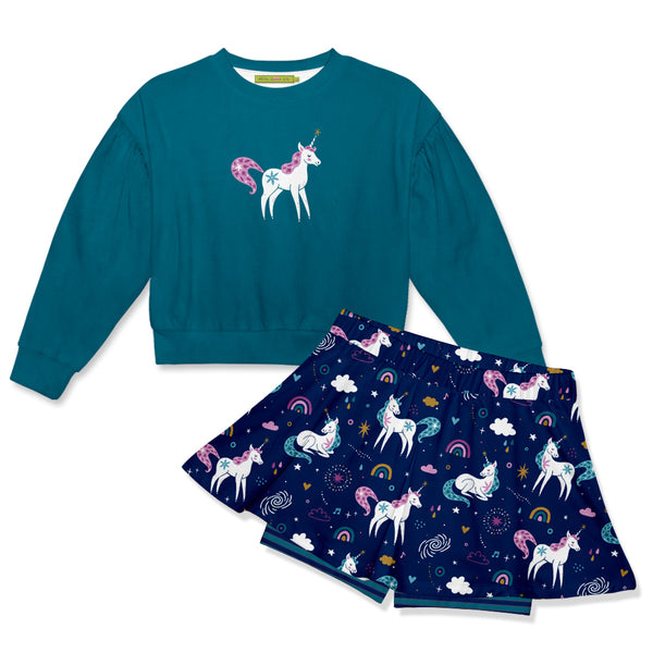 Teal Unicorn Velour Sweatshirt & Unicorn Rainbow Skort