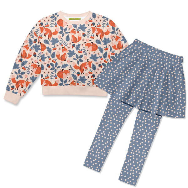 Light Peach Fox Leaves Velour Sweatshirt & Dot Skirted Leggings