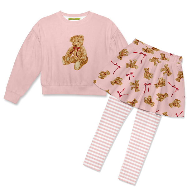 Kids Pink Teddy Bear Velour Sweatshirt & Skirted Leggings