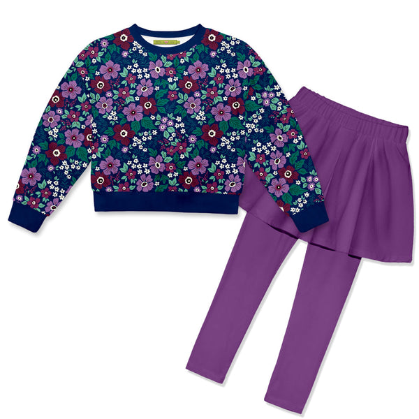 Kids Willow Floral Velour Sweatshirt & Purple Skirted Leggings