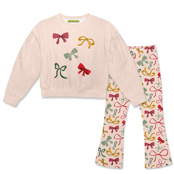 Kids Light Pink Holiday Bows Velour Sweatshirt & Flare Leggings