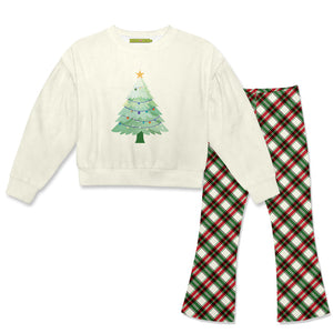 Kids Cream Christmas Velour Sweatshirt & Plaid Flare Leggings