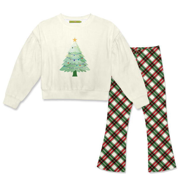 Kids Cream Christmas Velour Sweatshirt & Plaid Flare Leggings