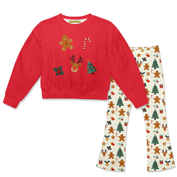 Kids Red Gingerbread Christmas Velour Sweatshirt & Flare Leggings