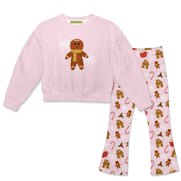Kids Pink Velour Sweatshirt & Gingerbread Flare Leggings