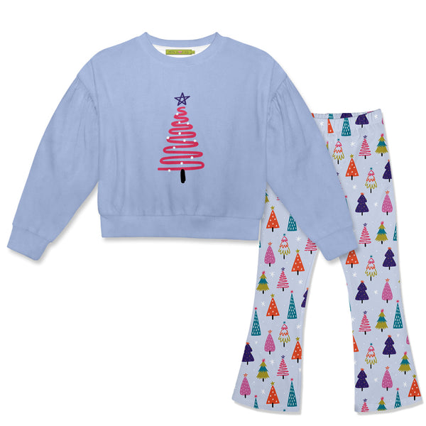 Kids Periwinkle Velour Sweatshirt & Tree Farm Flare Leggings