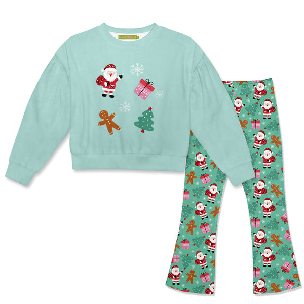 Kids Mint Velour Sweatshirt & Christmas Cheer Flare Leggings