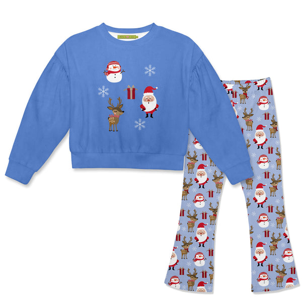 Kids Blue Velour Sweatshirt & Santa Deer Flare Leggings