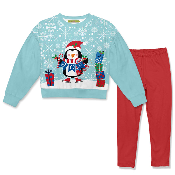 Mint Penguin Velour Sweatshirt & Red Leggings