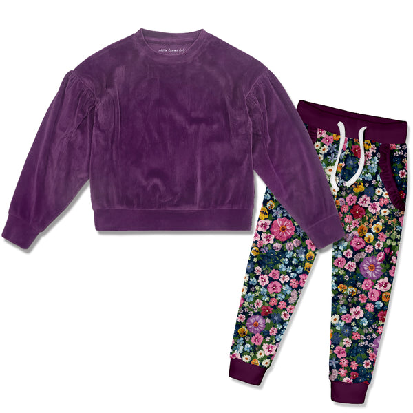 Plum Velour Sweatshirt & Floral Fashion Joggers